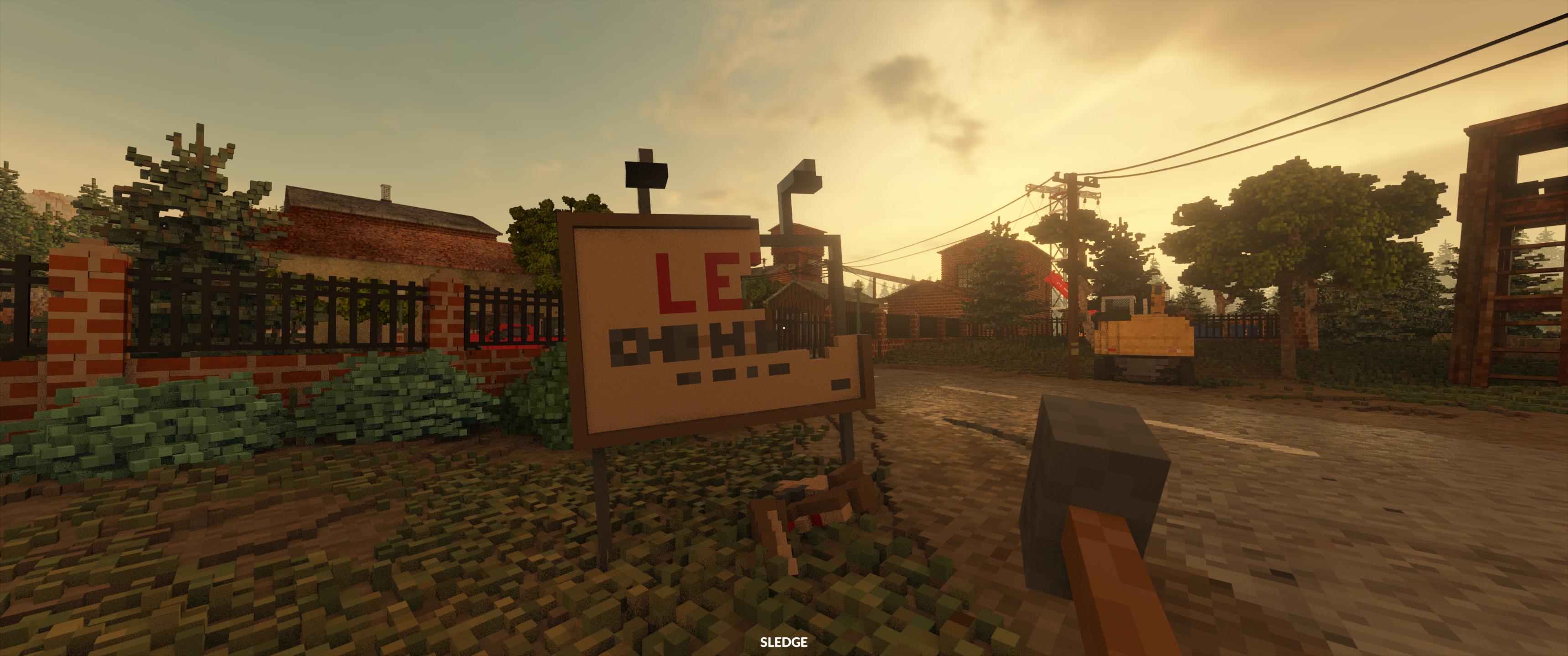 The final rendered scene from teardown featuring a broken sign, some background structures, telephone wires, trees and a digger